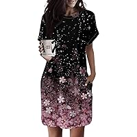 Dresses for Women 2024 Summer Casual Round Neck Short Sleeve Dresses Loose Midi Dress with Pocket