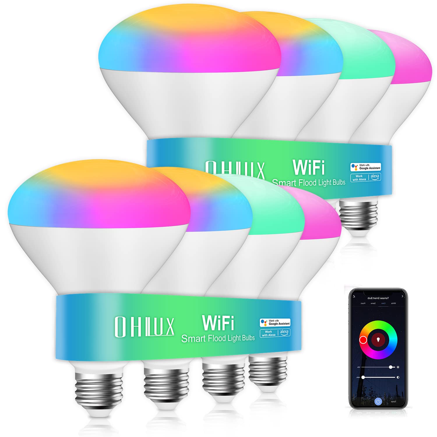 OHLUX Smart WiFi Flood Light Bulbs E26 Base 900Lumen (100W Equivalent),10W BR30 LED Bulb Compatible with Alexa, Google Home, Siri, 2700K-6500K Dimmable, Indoor use (No hub Required) - 8Pack