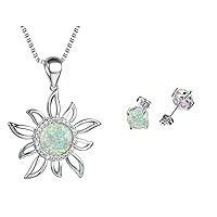 Silver Plated Sunflower Necklace & Earrings Set For Women - Opalite Enamel Hypoallergenic Flower Pendant For Ladies - Plus Jewellery Gift Box.