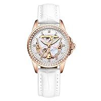 Women Automatic Self Winding Ceramic Leather Band Luminous Wrist Watch Rhinestones