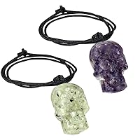 TUMBEELLUWA Pack of 2 Healing Crystal Orgonite Carved Skull Pendant Necklaces for Men and Women, Amethyst and Prehnite