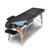 Portable Massage Table Massage Bed Professional SPA Reiki Eyelash Salon Bed, Wooden Frame Height Adjustment & Accessories, Black (3-Section)