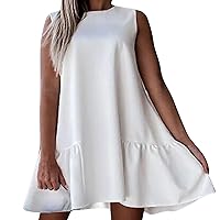 Women's Casual Loose Round Neck Pullover with Sleeveless Solid Ruffle Dress
