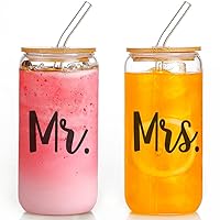 Mr and Mrs Drinking Glasses Iced Coffee Cups with Lids and Straws, Set of 2 Can Shaped Glasses Tumbler Parents Anniversary Couple Gifts for His and Hers, Bride and Groom, Wedding, Engagement, 16oz
