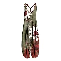 Summer Long Jumpsuit Sexy Pleated Casual V Neck Sleeveless Floral Print Backless Plus Size Loose Romper Jumpsuit