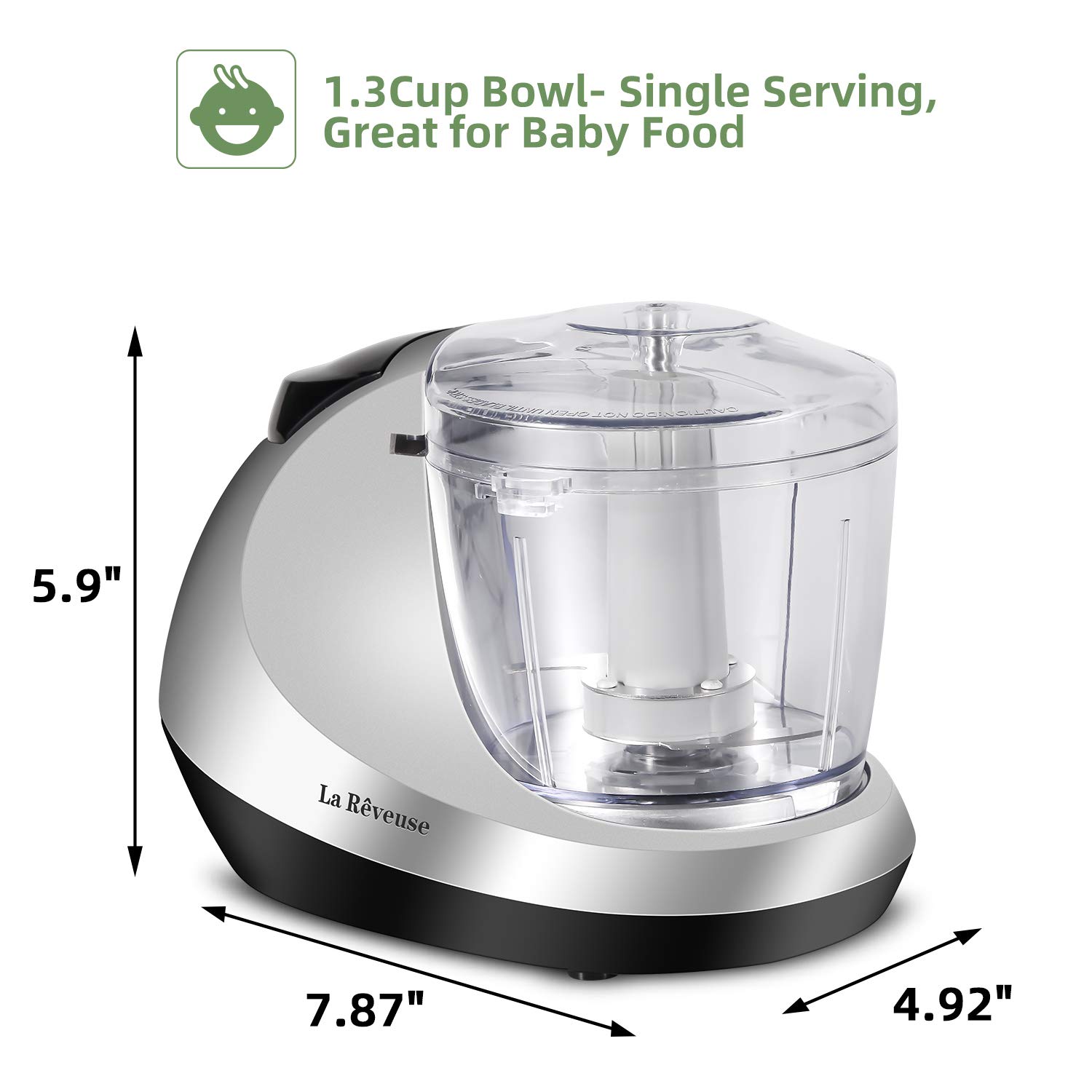 La Reveuse Electric Mini Food Chopper Vegetable Fruit Cutter Meat Grinder Mincer Small Food Processor with 1.3-Cup Prep Bowl, Silver