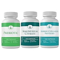 Magnesium Citrate, Marine Collagen Peptides, & Prebiotic Bundle (100 Capsules Each), No Additives or Fillers, Lab Verified