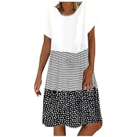 Crewneck Short Sleeve Tshirt Dress for Women Color Block Stripes Polka Dot Summer Dress Casual Flowy Beach Sundresses