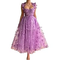 Women's Tulle Prom Dresses 3D Butterflies Spaghetti Straps Formal Evening Gowns Sweetheart Tea Length Party Dress
