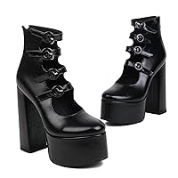 LEHOOR Chunky High Heel Platform Mary Jane Pumps for Women Round Toe Strappy Caged Sandal Booties Zipper 4