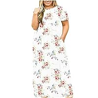 Plus Size Summer Dresses for Women Short Sleeve Maxi Dress with Pockets Floral Print Long Dress Casual Loose Beach Dress