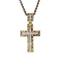 Men Women 925 Italy Gold Finish Iced Cross Charm Ice Out Pendant Stainless Steel Real 2 mm Rope Chain Necklace, Mens Jewelry, Iced Pendant, Rope Necklace
