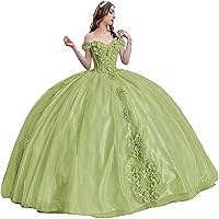 Women's Off Shoulder Flower Quinceanera Dresses Glitter Tulle Sweet 16 Prom Dress Ball Gown