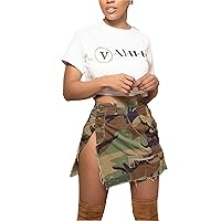 Voghtic Camo Skirts for Women High Waisted Army Fatigue Ruched Bodycon A-Line Camouflage Pencil Skirt with Pocket