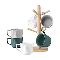 Ceramic Coffee Mug Set of 6, Milk and Tea Set with Rack, 8oz Mug for Tea, Latte, Cappuccino, Cafe Mocha and Yogurt. (White x 2 + Grey x 2 + Green x 2, Mug + Wooden Rack)