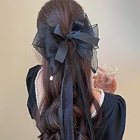 Big Hair Bows for Women Girls Long Ribbon Bow Hair Clip Black Lace Bow for Hair Accessories for Women Prom Tulle Hair Bow with Pearls Silk Satin Hair Bows with Tails Decorative Bow Hair Clips Barrette