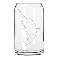 Happy Narwhal Style Hand Made Etched Glass Can 16 oz