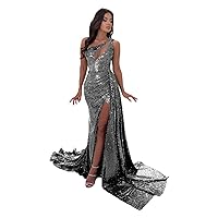 One Shoulder Mermaid Sequin Prom Dresses Sparkly for Women Long Formal Dresses with Slit Corset Evening Party Gown