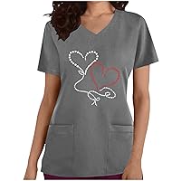 Womens Scrub-Shirts V Neck Short Sleeve Workwear Blouses Loose Fit Casual Heart Graphic Working Tops with Pockets