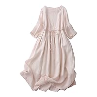 Womens Cotton Linen Maxi Dress Vintage Flowy Tie Belted Pleated Summer Beach Casual Loose 3/4 Sleeve Long Dresses