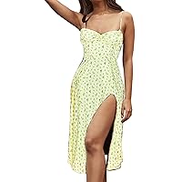Women's Summer Casual Camisole Dress Florals Buttons Down Ruched Sweetheart Neck Sleeveless Midi Travel Dress (Yellow, XXXL)