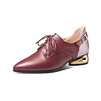 TinaCus Women's Genuine Leather Handmade Comfortable Low Golden Block Heel Pointed Toe Lace Up Oxford Pumps with Buckle Decor
