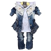Yao 6M-4Y Infant 3Pcs Baby Girls Clothes Set Toddler Outfits Lace Dress Jacket and Jeans (2-3Y,Dots-Blue)