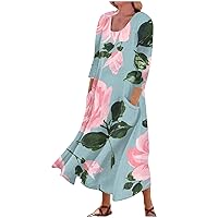 Summer Dresses for Women 2024 Maxi Beautiful Lounge Cute Linen Comfort 3/4 Sleeve Pattern Long Summer Dress