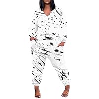 Jumpsuits For Women One Piece - Fashionable and Casual Plus Size V-Neck Long Sleeve Printed Rompers with Pockets