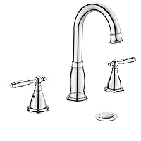 Phiestina Chrome Widespread 8 Inch 3 Hole 2-Handle Bathroom Faucet, Lead-Free Bathroom Sink Faucet with Valve and Metal Pop-Up Drain Assembly WF017-4-C