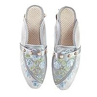 Embroidered Cotton Fabric Mules For Women Ethnic Pointed Toe Summer Slippers Ladies Shoes Mid Heel Casual Slides