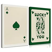 Trendy Canvas Wall Art Set of 2 - Green Poker Art Lucky You Picture Prints Wall Decor Aesthetic - Retro Posters Wall Art for Living Room, Bathroom, Office, Apartment - Framed 16x24''