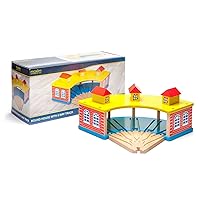 Wooden Train Round House with 5-Way Wooden Switch Track, Train Shed Houses 5 Engines or Cars, Compatible with Thomas & Friends, Major Name Brand Wooden Trains and Accessory