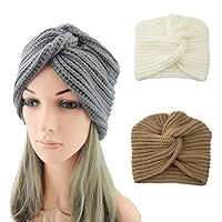 Women Winter Turbans Knitted Beanie Hat Wool Warm Chemo Caps Stretch Hair Loss Hat 3 Pcs, Turbans