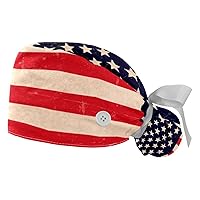 2 PCS American Flag Firework Nurse Scrub Cap Women Long Hair Adjustable Tie Back Skull Hat One Size Working Head Cover