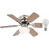 Ceiling fan with lighting and pull switch, quiet, fan ceiling with LED light, 6 blades, can be mounted on both sides, ceiling lamp with fan, bedroom, 3 levels, diameter 76 cm