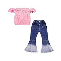 The Bobbin Girl Children Wear Girl Gradient Bell Bottoms Denim Jeans High Waist Splicing Buttons Pants for (Pink, 3Y)