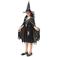 Black Witch Costume Set - Hat, Dress, and Cape - Classic Style for Halloween Dress-Up