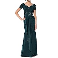 Mother of The Bride Dresses Long Evening Formal Gowns Short Sleeve Lace Applique Beaded Ruffles for Women