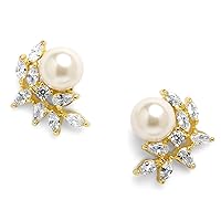 Mariell Soft Ivory Pearl & Gold Marquis Cluster Cubic Zirconia Crystal Clip-On Wedding Earrings for Bride, Bridesmaids & Mother of the Bride