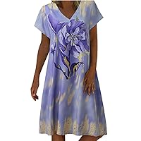 Women's Maxi Dress Plus Size Short Sleeve Loose Fit Linen Dresses Summer Beach V-Neck Lightweight Flowy Dress 2024