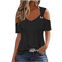 Short Sleeve Cold Shoulder Tops for Women Dressy Cut Out Eyelet Crochet Shirts Trendy Elegant Sexy Casual Blouse Black