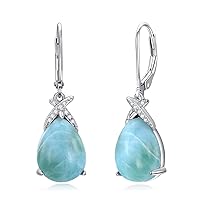 Natural Larimar Dangle Earrings in Sterling Silver, 0.2 cttw Diamond and Teardrop Blue Larimar Earrings Gift for women(I2-I3 Clarity)