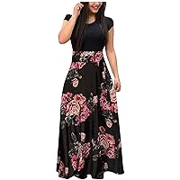 Women's Ombre Tie Dye Color Block Short Sleeve Long Floor Maxi Swing Round Neck Beach Casual Summer Foral Print Hawai Flowy