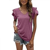 Women's Blouses Spring and Summer V-Neck T Shirt Chiffon Solid Color Casual Loose Pleated Short Shirt, S-3XL