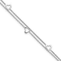 Sterling Silver Rhodium-plated 2-Strand w/1in ext. Heart Anklet