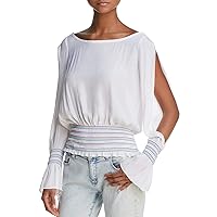 Ramy Brook Nellie Womens Smocked Blouson Cold Shoulder Flounce Sleeves Blouse