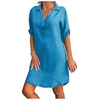 Women's Cotton Linen Shirt Dress V Neck Casual Loose Fit Midi Dresses 2024 Fashion Plus Size Summer Beach Dress