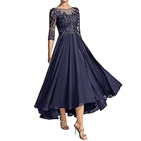 Women's Lace Mother of The Bride Dresses Ruffles 3/4 Sleeves Formal Dress Scoop