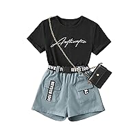 OYOANGLE Girl's 2 Piece Outfits Letter Graphic Round Neck Tee Shirt and Buckle Belted Shorts Set